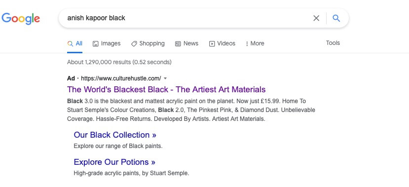 screenshot about Stuart Semple's Black 3.0 on Google