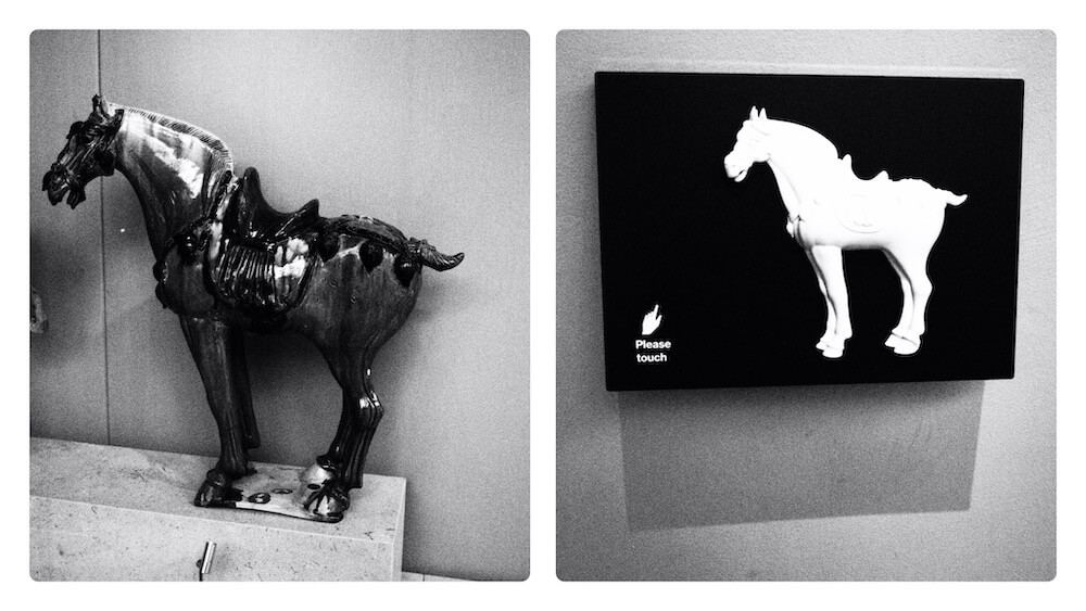 Art fund museum of the year - photo inside the Burrell collection of a horse and a model for touching