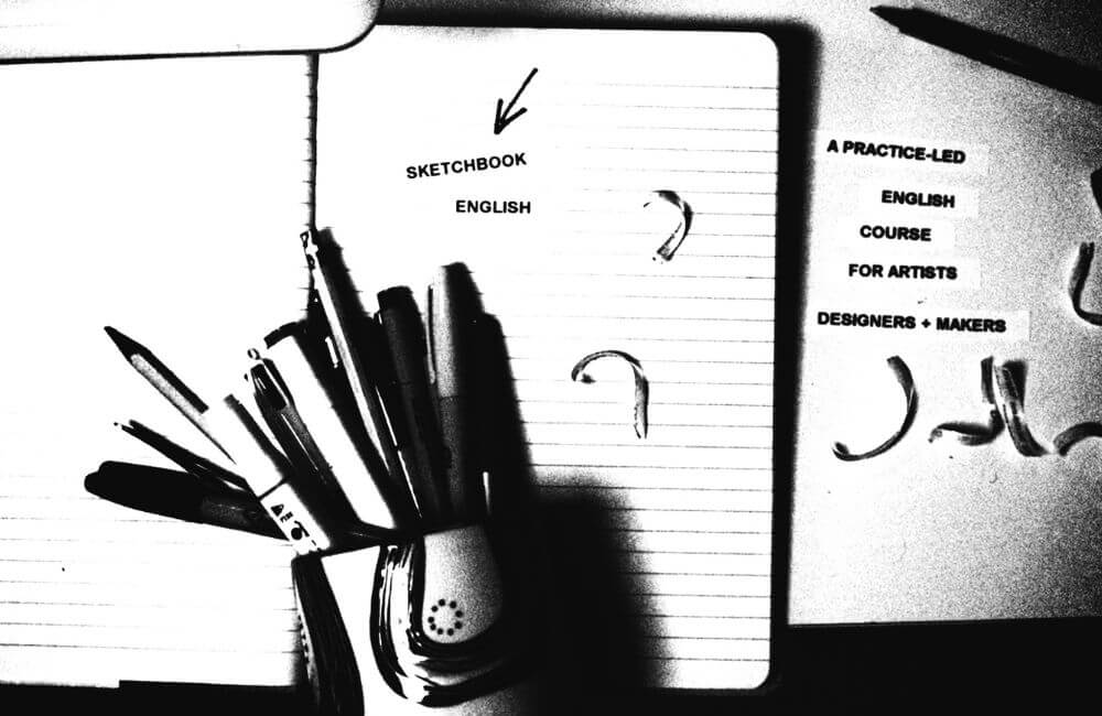 marketing image for sketchbook English course for Creative Careers black and white image of pens